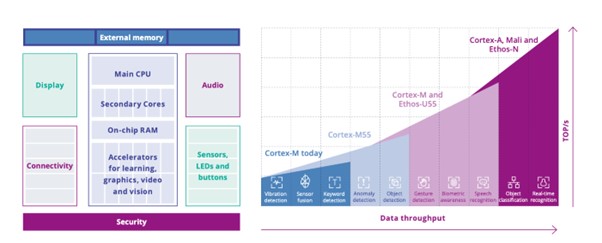 Figure 2.1.12: Example of architecture of a modern SoC (from Paolo Azzoni, see also Chapter 1.3) / Arm’s Cortex-M55 and Ethos-U55 Tandem. Provide processing power for gesture recognition, biometrics, and speech recognition applications (Source: Arm).