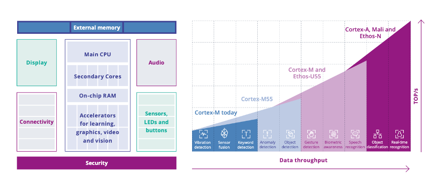 Figure 2.1.14: - Example of architecture of a modern SoC (from Paolo Azzoni, see also Chapter 1.3) / Arm’s Cortex-M55 and Ethos-U55 Tandem. Provide processing power for gesture recognition, biometrics, and speech recognition applications (Source: Arm).