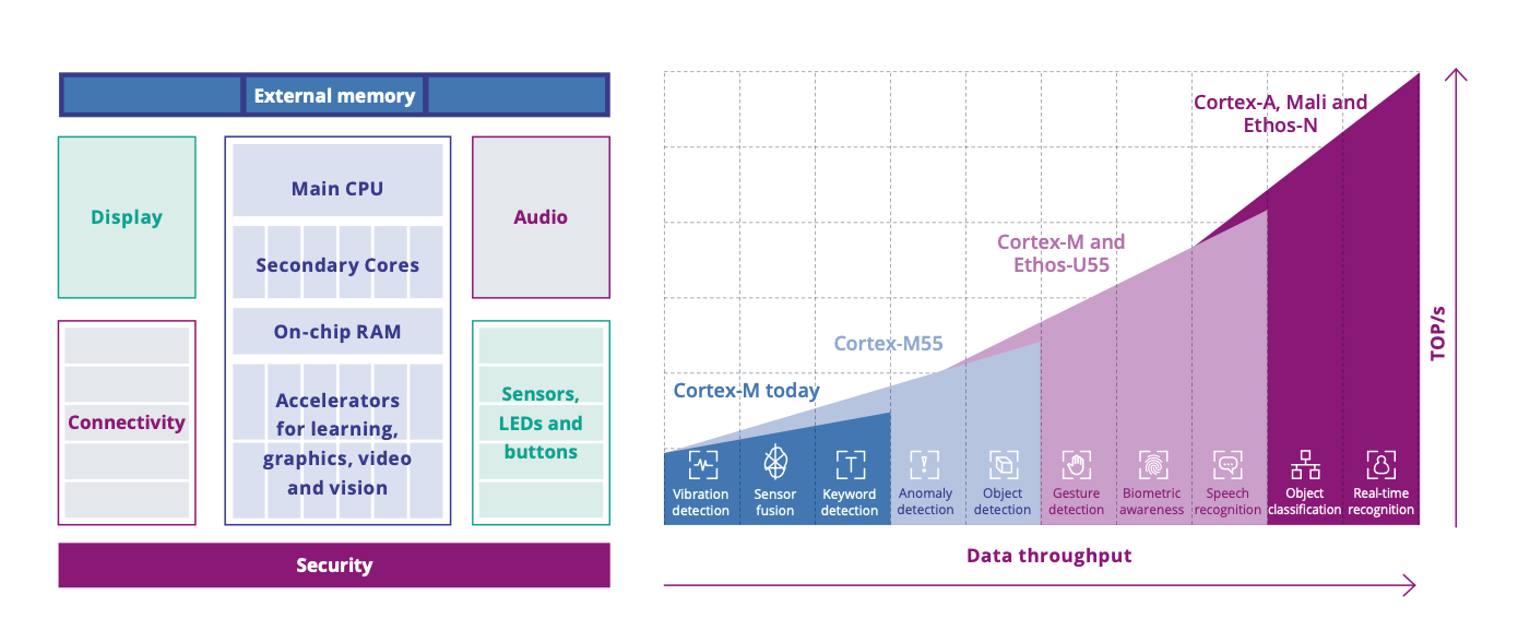 Figure 2.1.14: - Example of architecture of a modern SoC (from Paolo Azzoni, see also Chapter 1.3) / Arm’s Cortex-M55 and Ethos-U55 Tandem. Provide processing power for gesture recognition, biometrics, and speech recognition applications (Source: Arm).